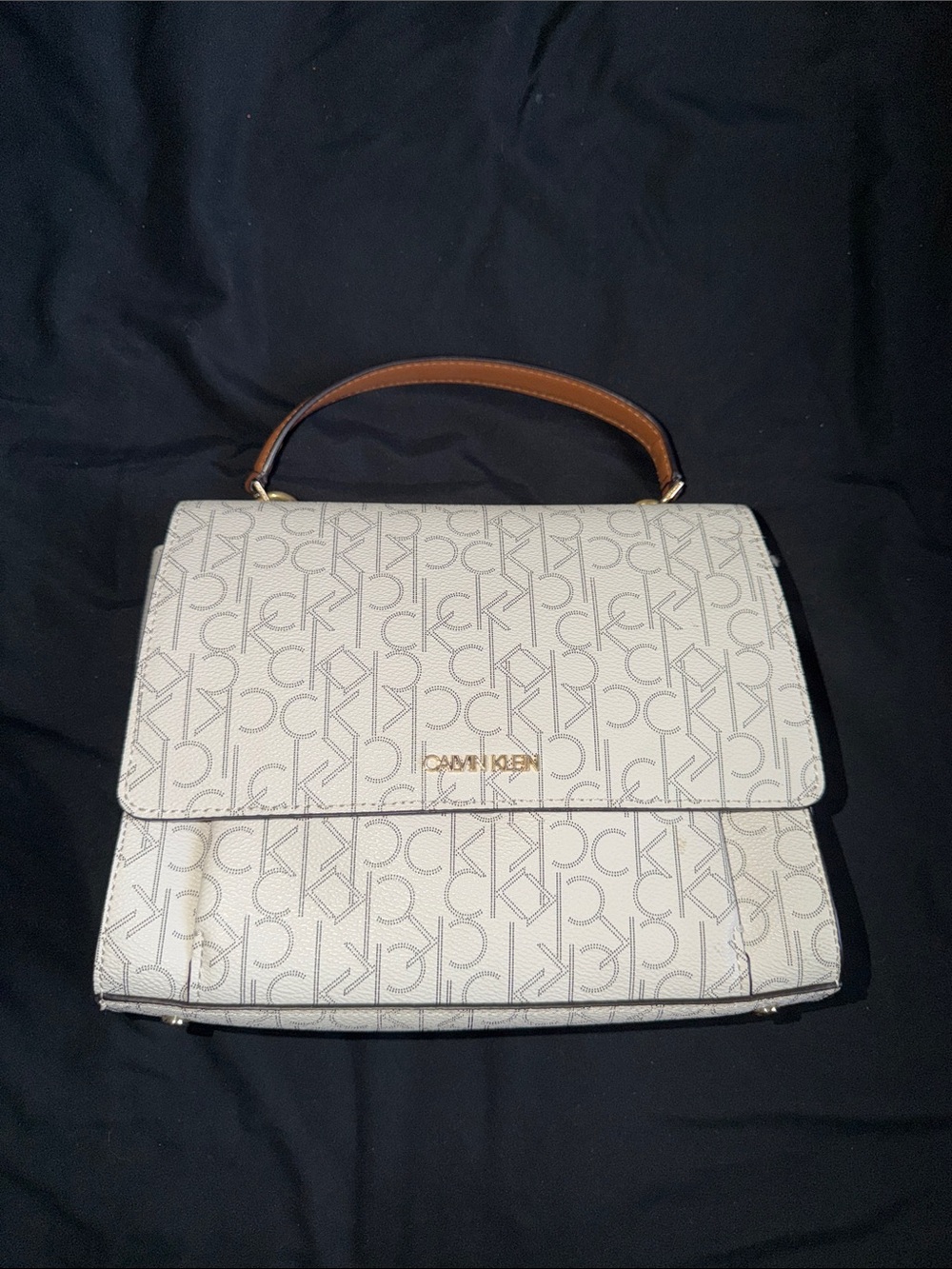 Calvin Klein Cream Monogram Top-Handle Satchel with Brown Handle